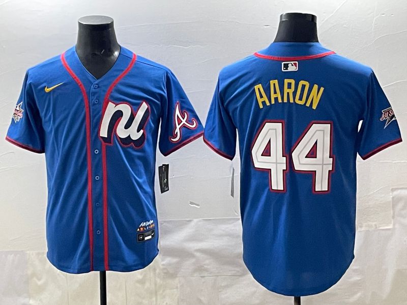 Men 2025 Atlanta Braves 44 Aaron Blue All star Nike MLB Jersey style 01